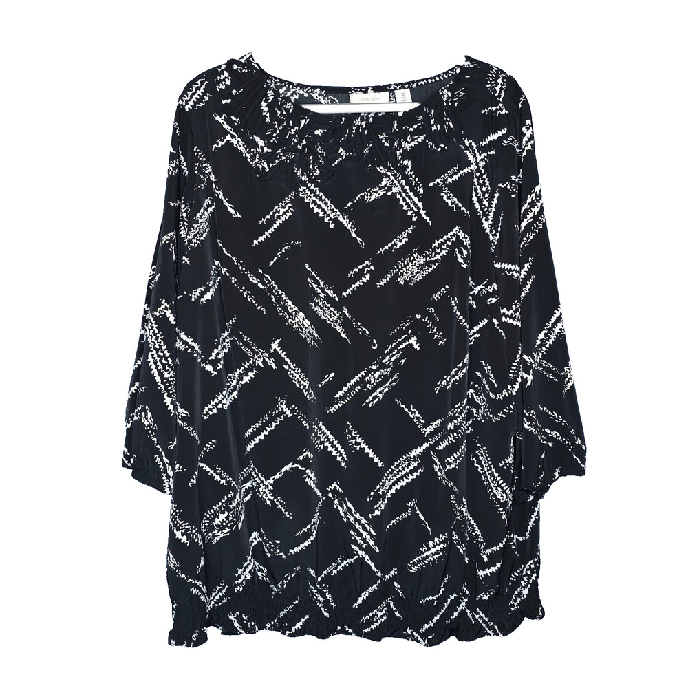 Chicos Blouse Womens XL 3 Black Boat Neck Abstract Smocked Waist Popover